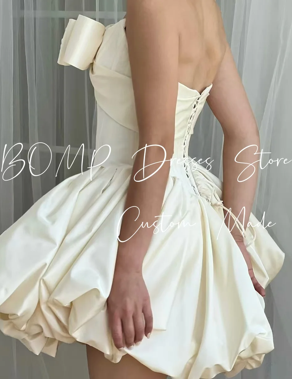 BOMP 클래식 보우 짧은 웨딩 파티 드레스 Strapless Draped A 라인 Taffeta Bridal Birthday Prom 가운 Custom Robe De Mariée