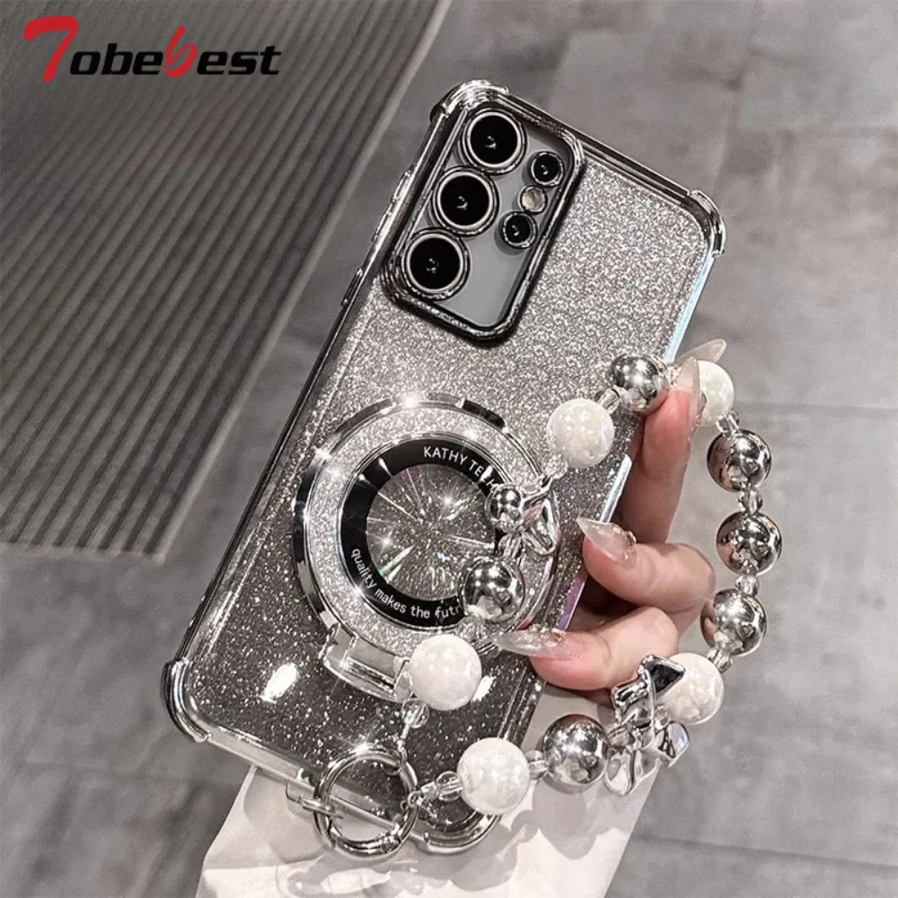 Shockproof Glitter Plating Magsafe Bracket Bead Bracelet Case for Samsung Galaxy S25 S24 S23 S22 S21 S20 Note 20 Ultra Plus FE