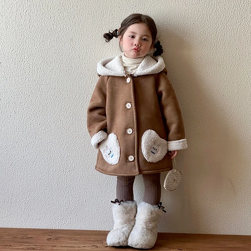 Girls' Fur-integrated Autumn and Winter 2024 New Children's Thickened and Velvet Mid-length Baby Winter Warm Jacket