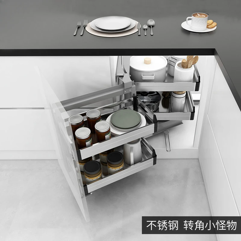 Kitchen Corner Stainless Steel Cabinet Linkage Damping Drawer Rotary Basket