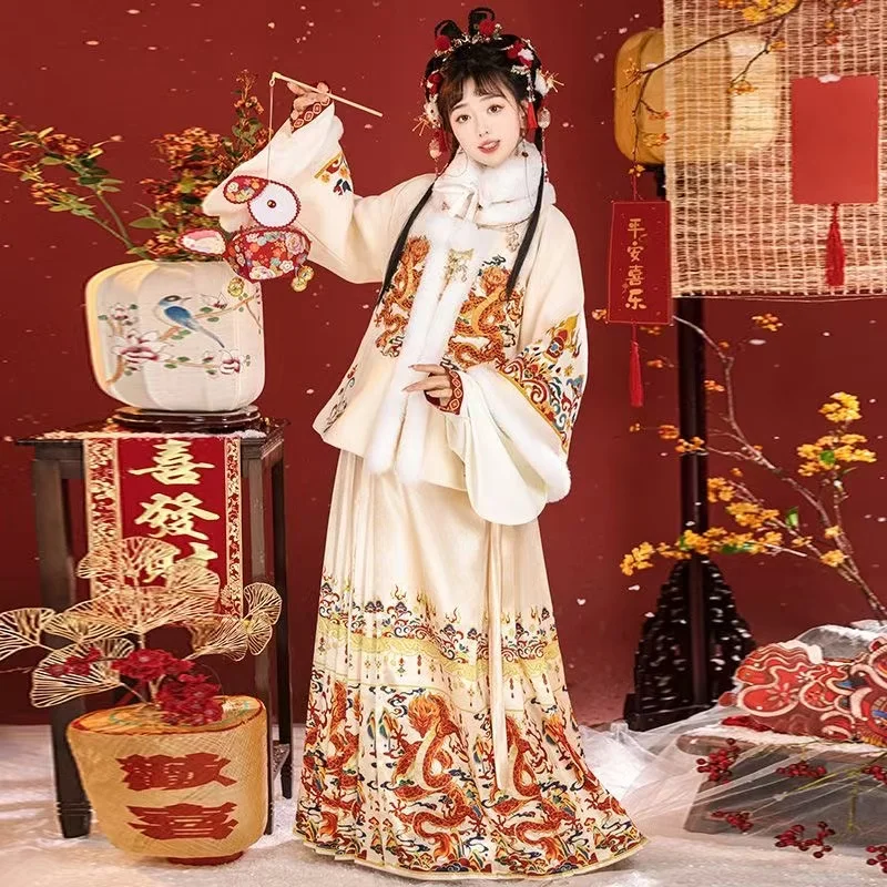 ドラゴン刺embroideryの女性の漢服ドレス,中国のフェイススカート,お祝いのステージ,新年の衣装,厚手,明代,重工業