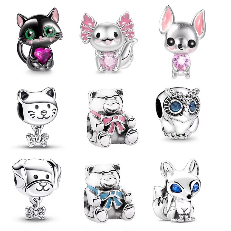 

NEW Black Cat Axolotl Pet Cat Blue-Eyed Fox Charm Beads Fit Original 925 Sterling Silver Bracelet DIY Women Jewelry Gift