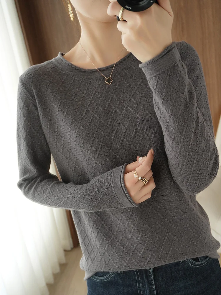 Autumn Winter Women\'s 100% Cotton Soft Sweater O-Neck Pullover Curled Diamond Lattice Casual Knitted Bottoming Warm Tops Sweater