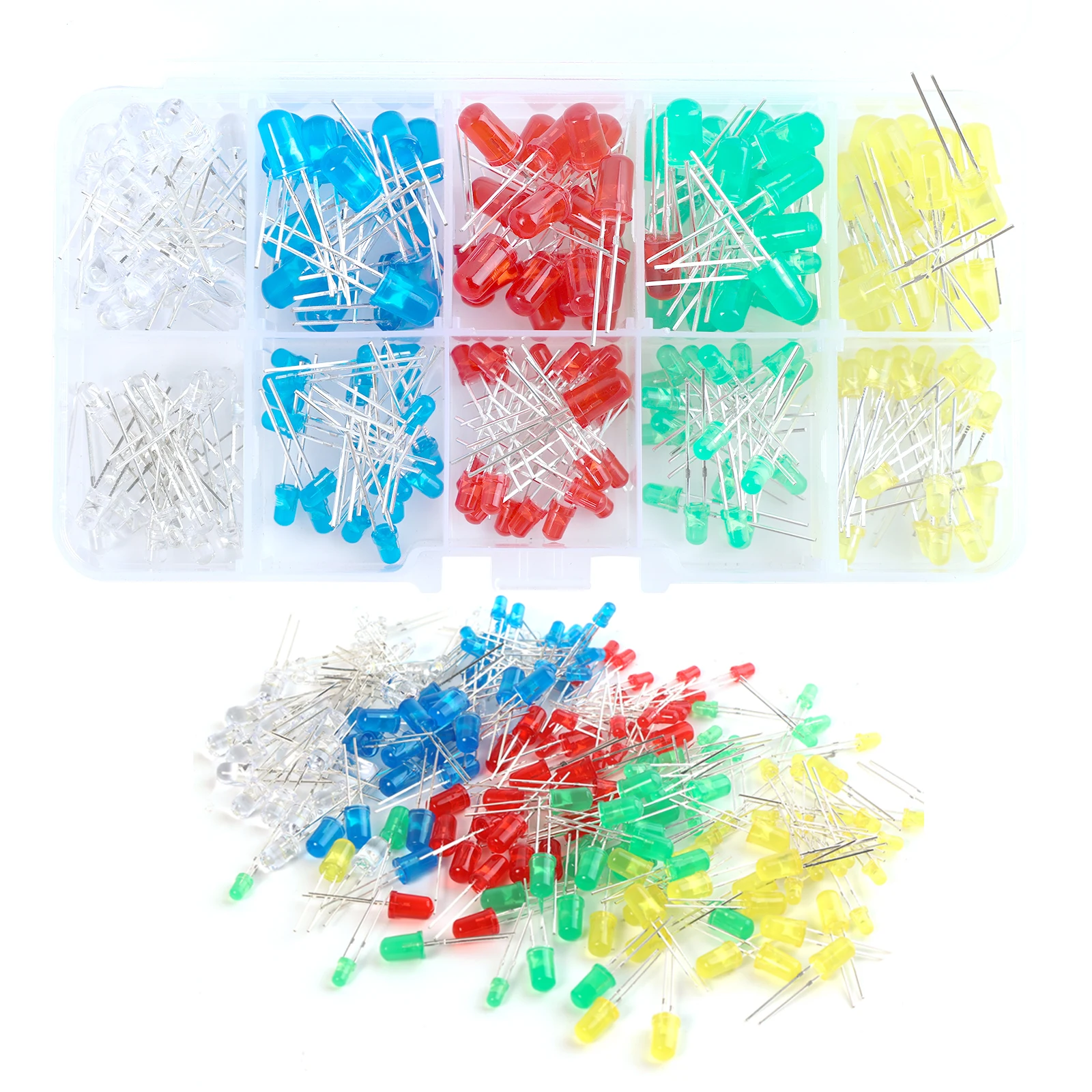 200pcs 3/5mm Light Emitting Diode Led Diode Assortment Kit Diffused 2pin Round Color White/Red/Yellow/Green/Blue Kit Box 5Colors