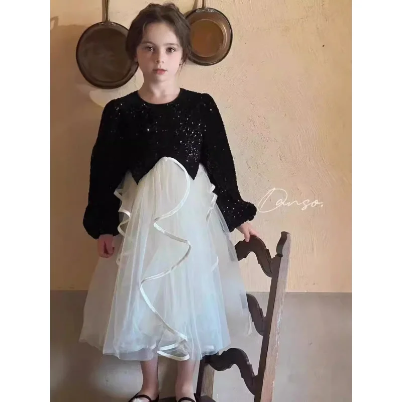 

Girls2024Spring and Autumn New Western Style Hepburn Sequins Princess Pettiskirt Children's Dress