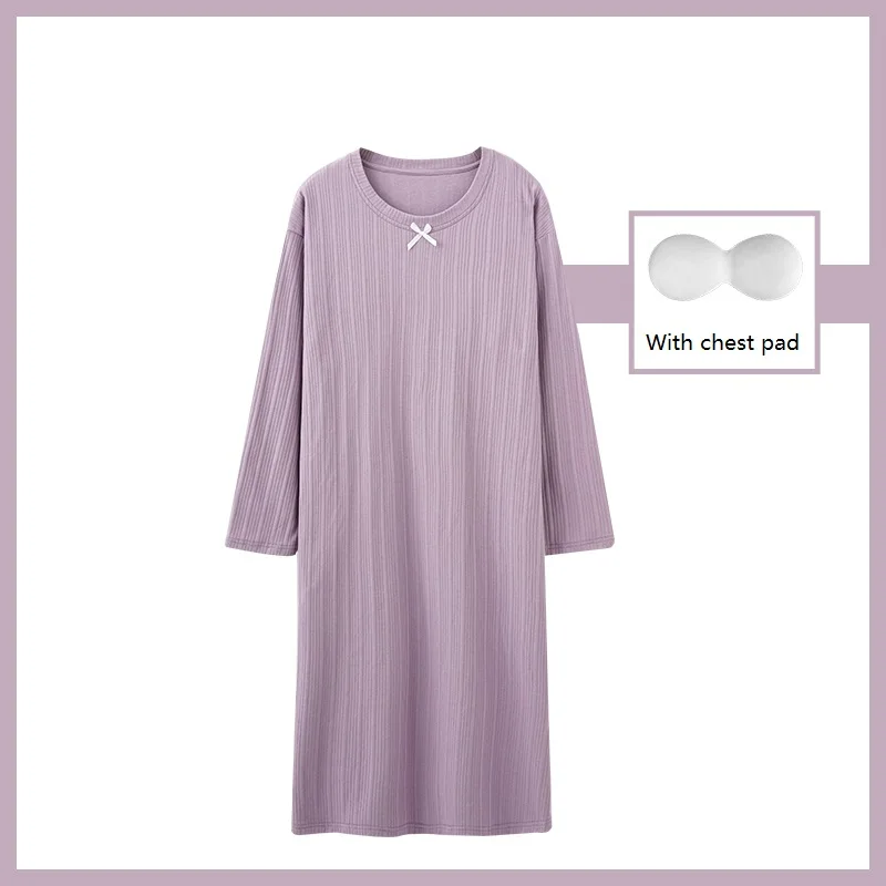 

With Chest Pad Women Long Nightgowns Cotton Night Dress Cute Princess Casual Home Dress Night Shirt Sleepwear Solid Nightwear