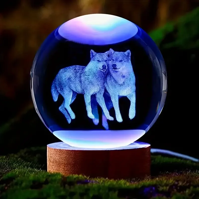 1pc 3D Wolf Crystal Ball wooden base nightlight, for girlfriend, wife, parents holiday gift, Christmas anniversary, glass ball,