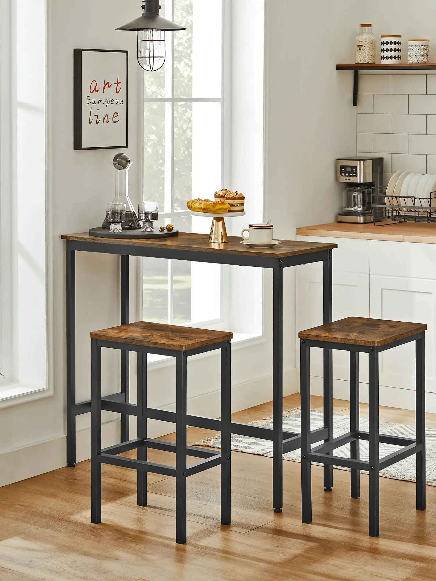 VASAGLE bartafel met barkrukset, eetgroep, 2 stoelen, stalen verhouding, industrieel ontwerp