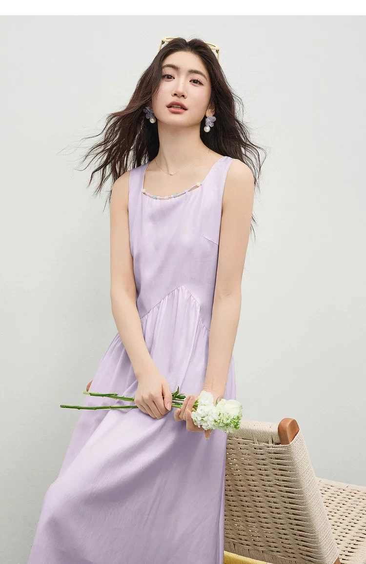 SENTUBILA Damen Ärmelloses Midikleid 2026 Sommer Elegantes Minimalistisches Ausgeschnittenes Perlenbesetztes Kleid mit Quadratischem Ausschnitt und Plissee-A-Linie 162LP6225 – Detail 21