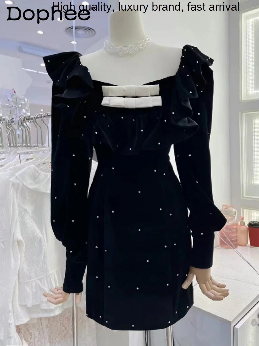 

Autumn New Spring Fashion Sweet High-Grade Black Velvet Women Hot Drilling Ruffled Sexy Off-Shoulder Midi Dress Party