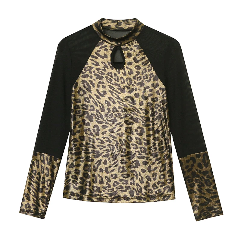 レオパード柄の透かし彫りベースTシャツ、レディース秋冬新作、ハイネックロングスリーブTシャツ、タイトフィットTシャツ...