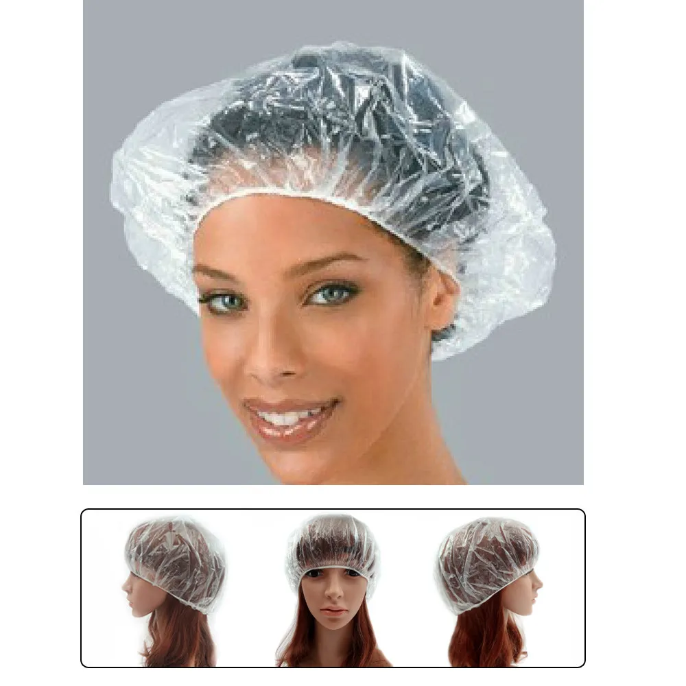 100Pcs One-Off Clear Shower Caps Waterproof Polyethylene Bathing Caps for Women Home Hotel Salon Makeup Removal Face Cleansing