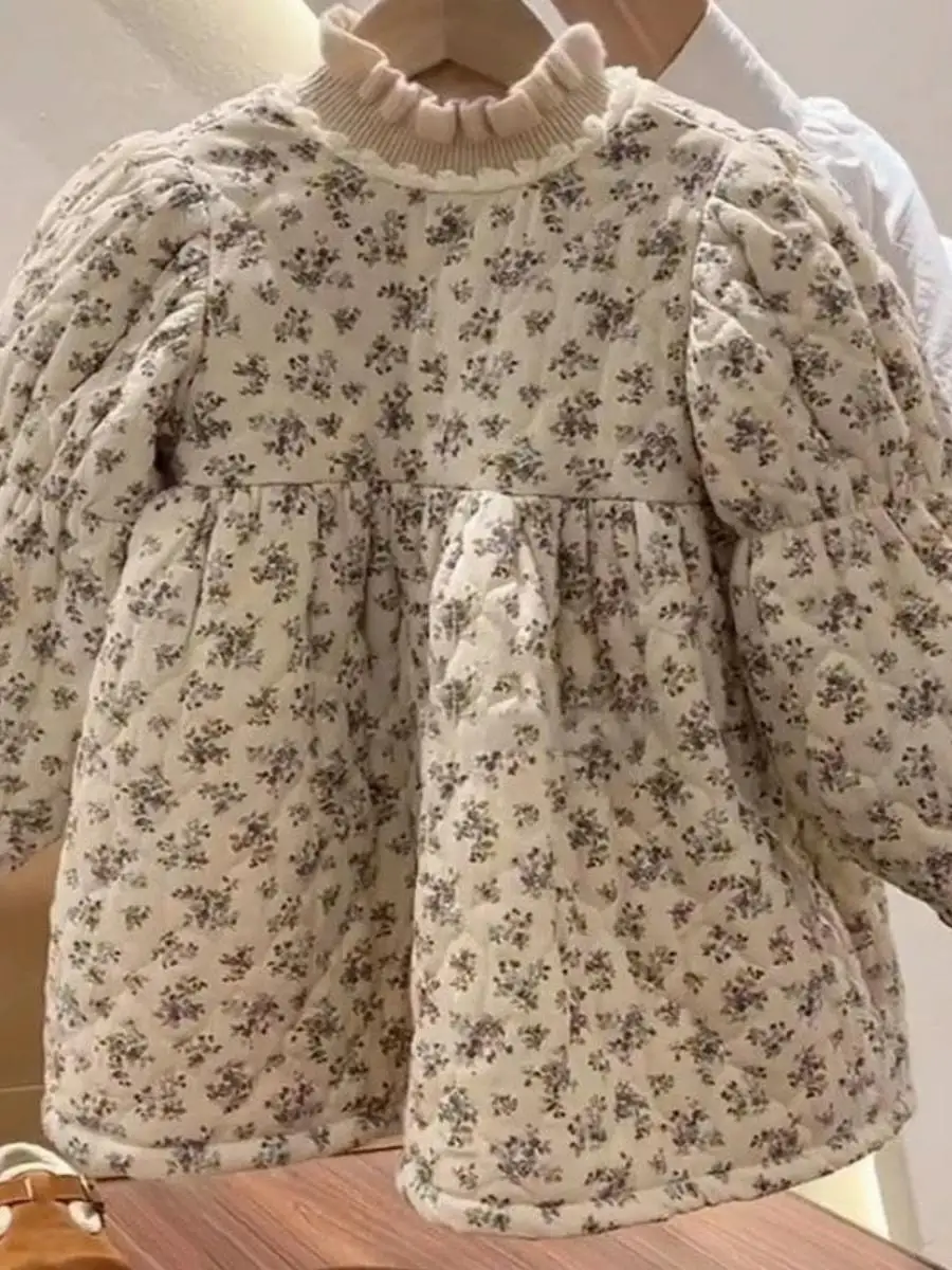 

Новое теплое хлопковое платье-юбка с цветочным принтом для девочек, зимнее, в стиле принцессы, детская одежда