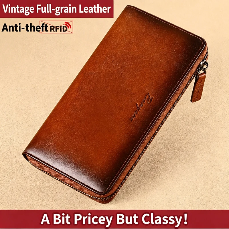 Men's Long Genuine Leather Wallet RFID Blocking Multi Card Slots Zipper Coin Purse Driver License Holder Cowhide Clutch Billfold