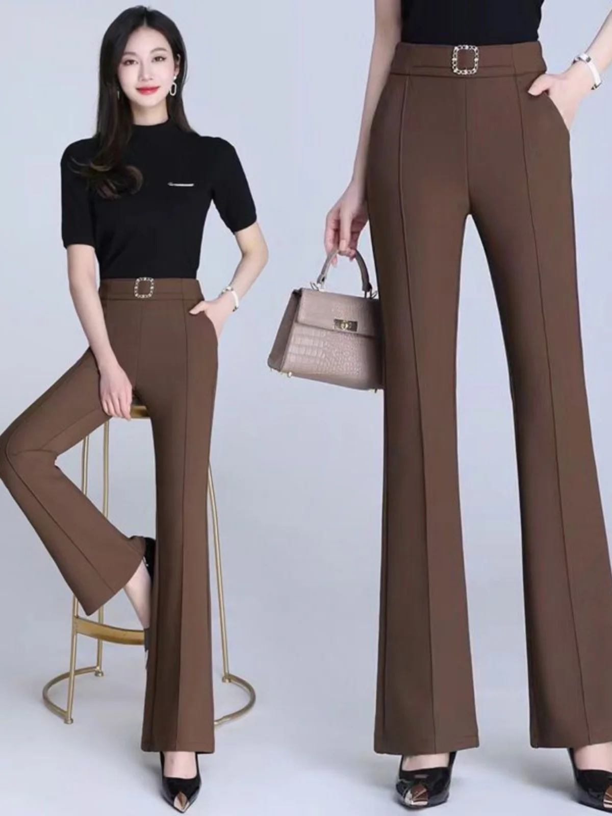 Cafe Brown Bell Bottom Wide Leg Pants Women's Casual High Waist Slimming Spring Autumn New Style Fish Tail Suit Long Trousers