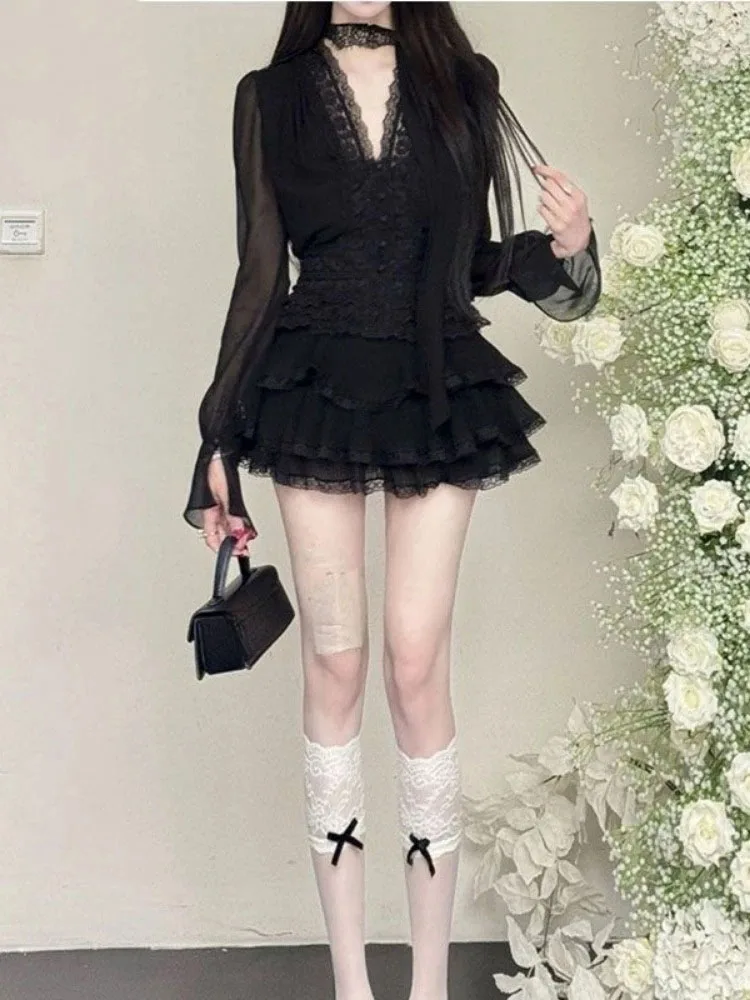 قطعتين مجموعات ملابس نسائية الخامس الرقبة الدانتيل المرقعة سليم قمصان مناسبة عالية الخصر تنورة صغيرة دعوى Roupas فام موضة الصيف مجموعة