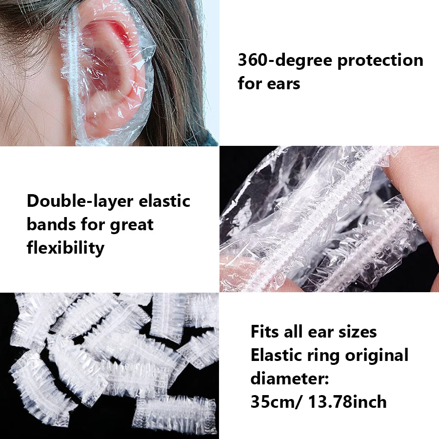 100 Stück transparente, wasserdichte Ohrschutzkappen, Einweg-Bade- und Duschhauben für Friseursalons und zum Schutz der Ohren bei Haarfärbungen, für einfache Ohrenschutzlösung – Detail 3