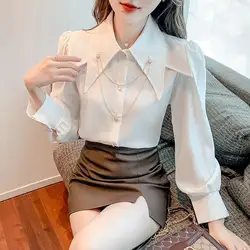 Women Spring Simplicity Loose Fashion chain Solid color Peter pan Collar Long sleeve Shirts women clothes Casual All-match tops