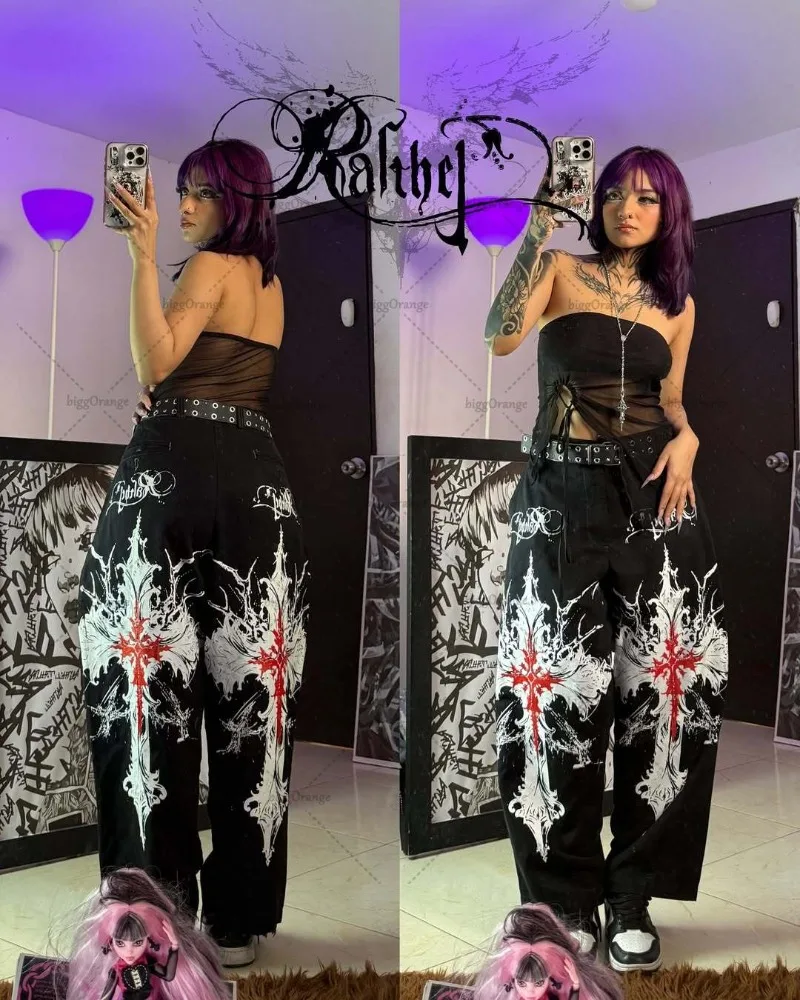 

Hip-hop Punk Trendy Vintage Streetwear Trousers Goth Harajuku Cross Print Baggy Jeans Women Y2K Retro Black Denim Wide-leg Pants