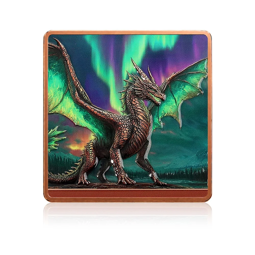 5oz .999 Fine Copper Square Bar Thunder Mountain Red Dragon Aurora Borealis Ice Dragon Fantasy Collectible Dragon Lover Gift