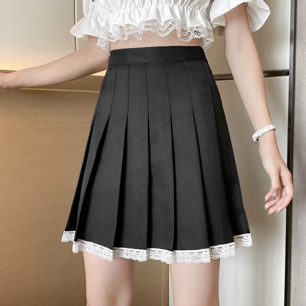 A-line High Waist Pleated Mini Skirt Solid color Y2k Women's School Short Skirt Oversized Preppy Style Lace Pleated Skirts