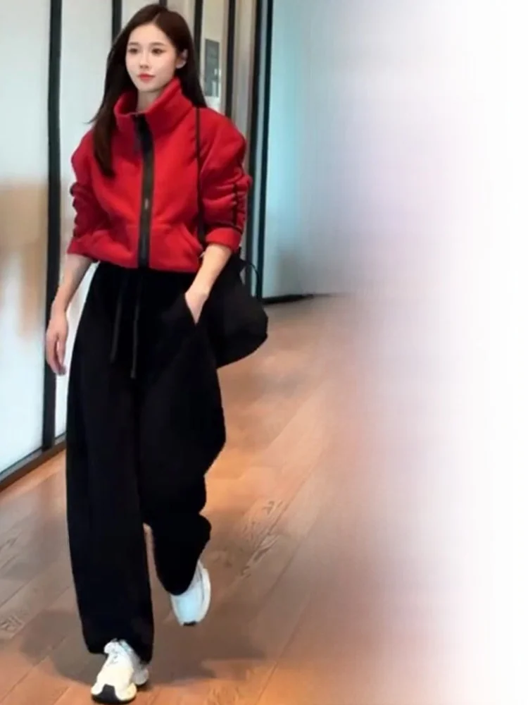 

Женский модный комплект больших размеров: красный праздничный костюм из двух предметов с длинным рукавом и брюками, повседневный стиль, брюки с высокой талией