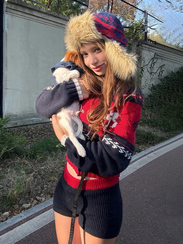 

Ladies' Autumn Winter Two-Piece Set Lazy Deer Pattern Knitwear Jaet And orts in k Blue Street Sle Slim Fit Long Sve