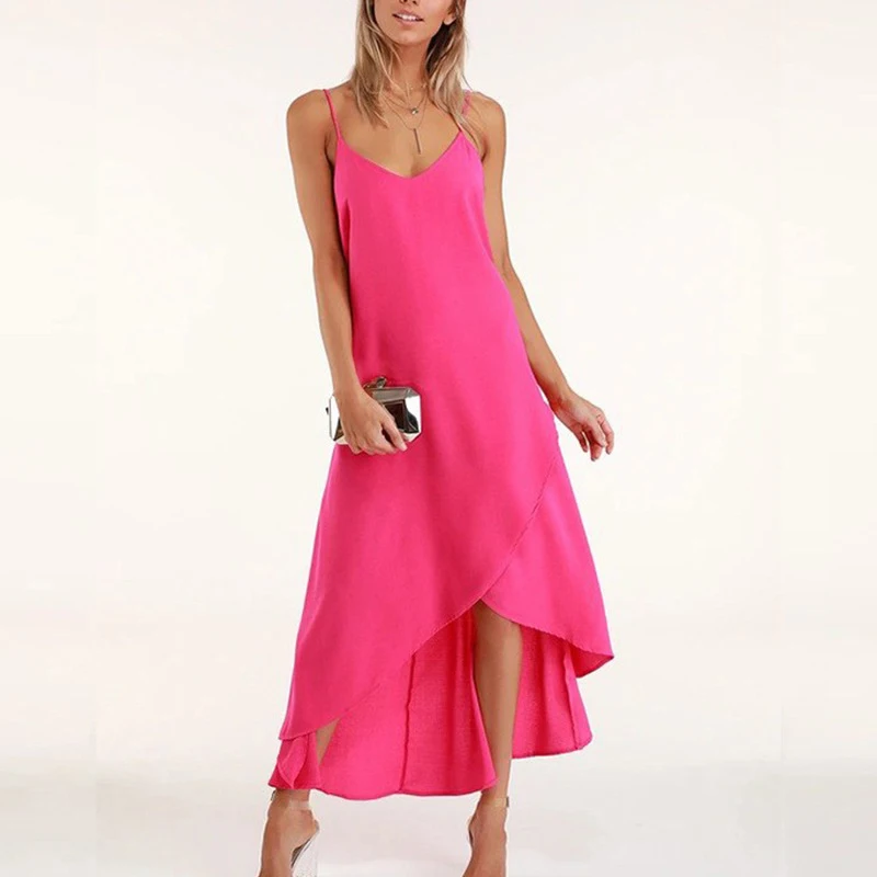 

Summer Sexy V-neck Halters Dress Casual Split Long Skirt With Irregular Hem Solid Color Base Skirt