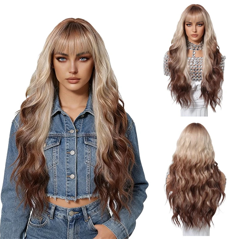 

European American Ombre Long Curly Wavy Wig With Bangs, Natural Looking Synthetic Wig For Women Street Shooting Party Use