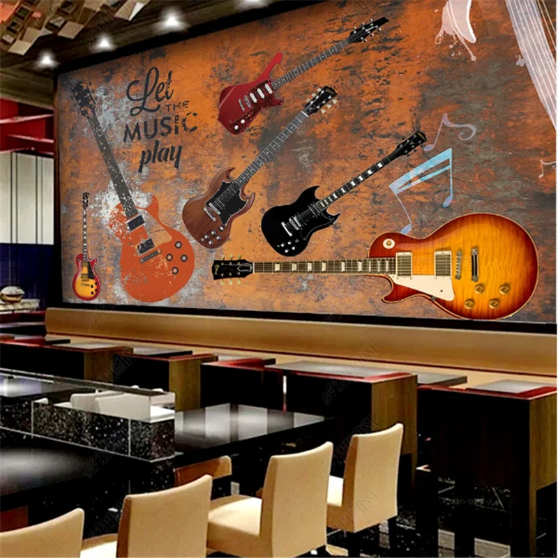 European Modern WallPaper Industrial decoration Metal Electric Guitar Bar Restaurant Background Mural Wall Paper papel de parede