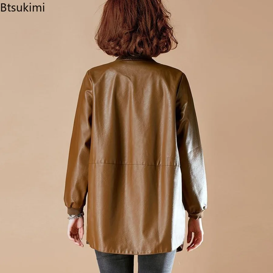 New Fashion Mid-Long Leather Jackets Women's Loose Baseball Uniform Elegant PU Leather Jackets Autumn Winter Windbreaker Coats 3