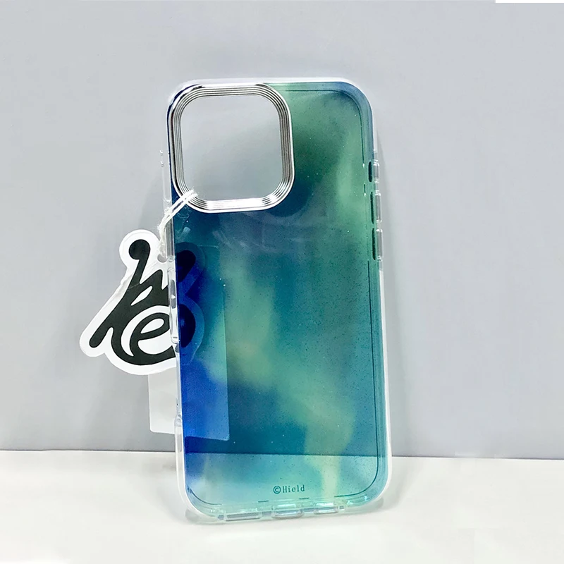 Round-edged airbag double-sided IMD glitter blue-green blended Aurora phone case for Iphone 12 13 14 15 16PM