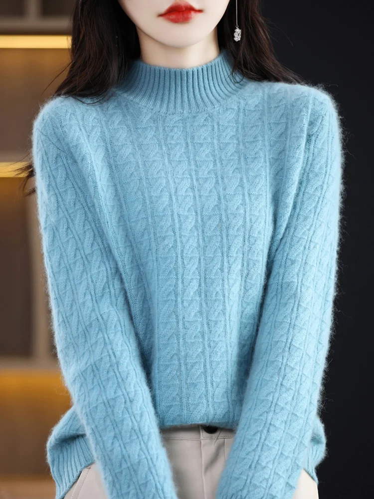 Women Sweater For Winter Thick Mock Neck Long Sleeve Sweater 100% Merino Wool Twist Flower Cashmere Knitted Jumper Korean Style