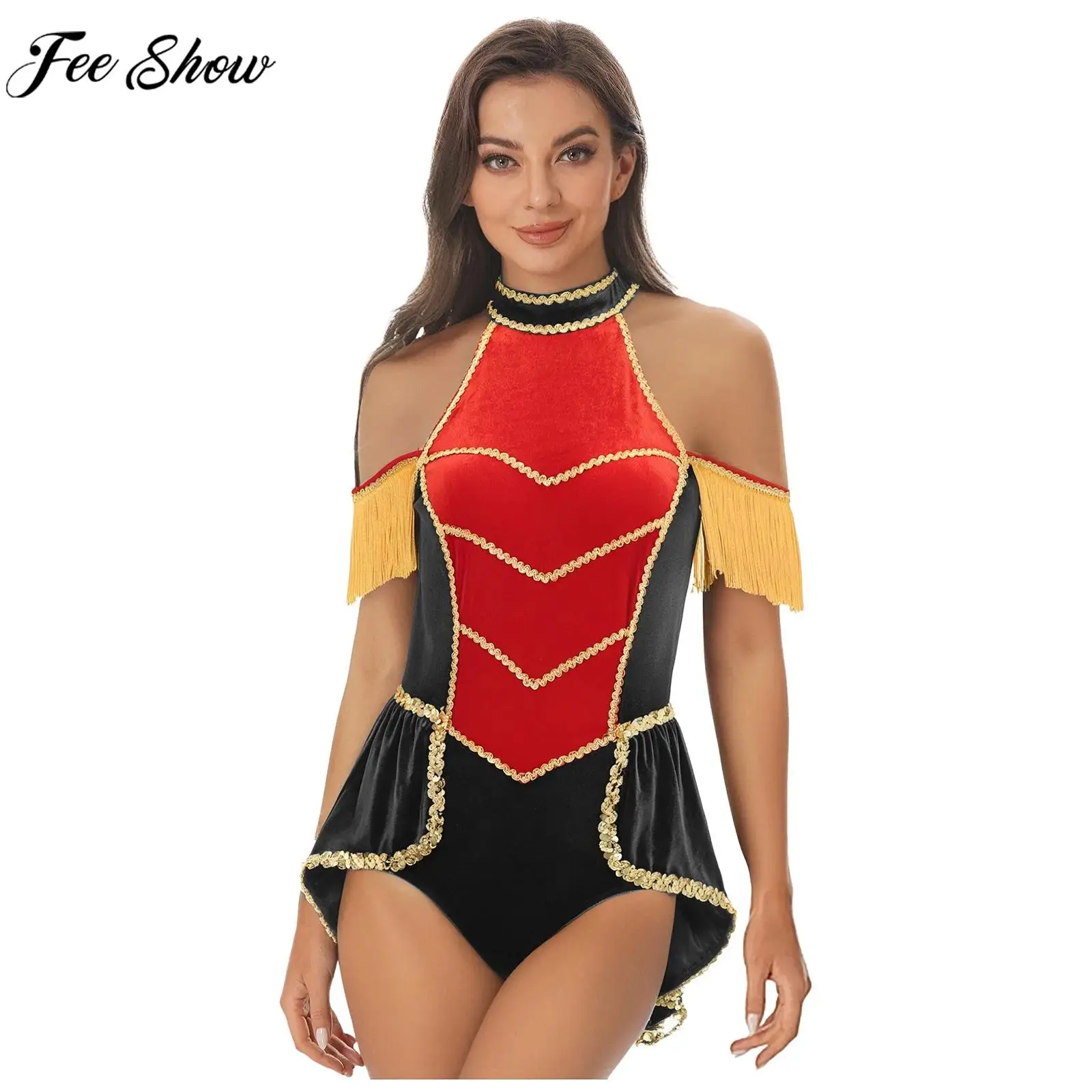 

Women Circus Ringmaster Magician Honor Guard Cosplay Costume Sequin Velvet Tassel Bodysuit Tailcoat for Halloween Carnival Party
