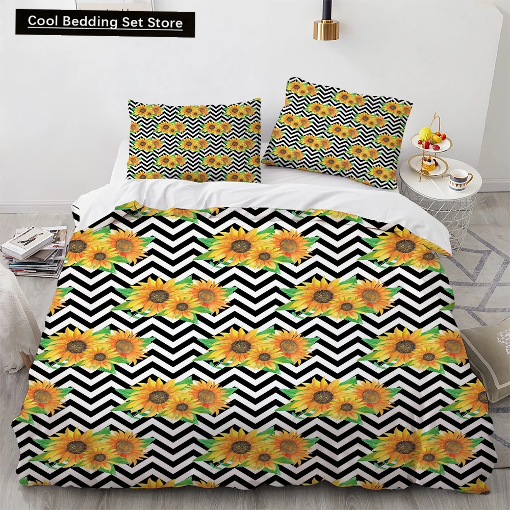 

Sunflower King Queen Duvet Cover Striped Floral Bedding Set for Kids Teens Adults Colorful Flowers 2/3pcs Polyester Quilt Cover