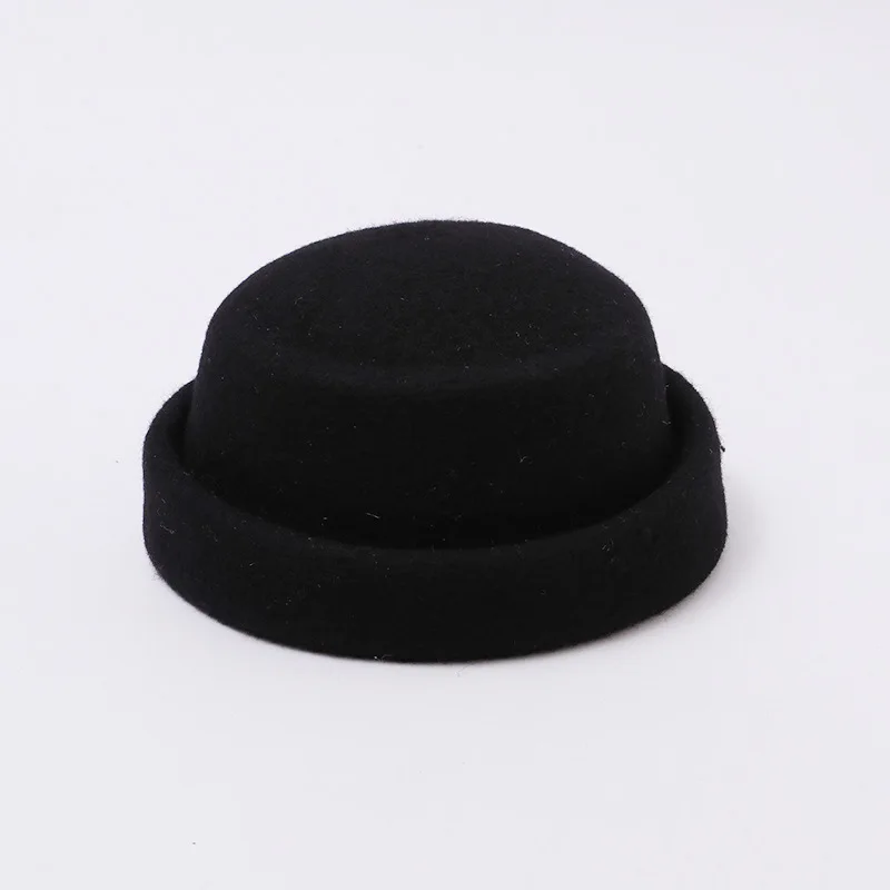 Women 90% Wool Round Crown Hat Rolled Edge Retro Solid Color Stylish Fall Winter Outdoor Headwear Fashion