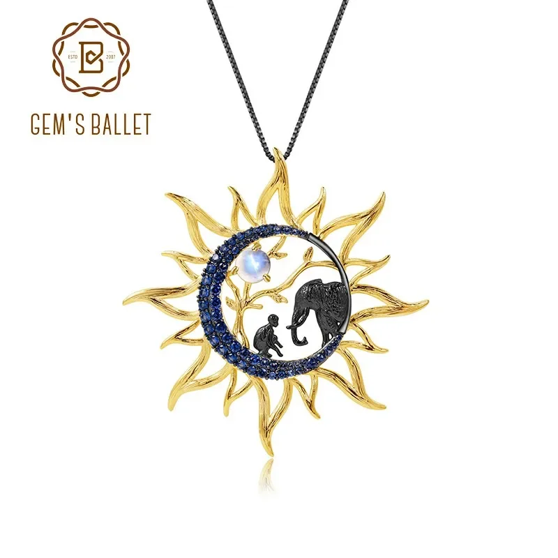 GEM'S BALLET Sun Moon Elephant Africa Pendant Natural Moonstone 925 Sterling Silver Handmade Pendant Necklace For Women