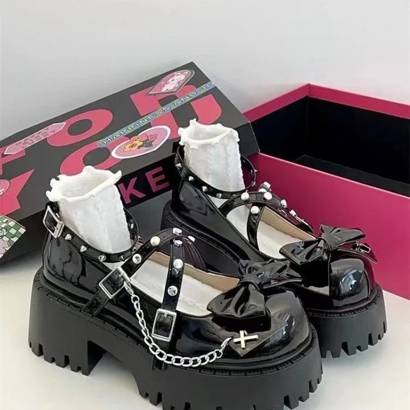 Women Lolita Shoes New Platform Bow Tie Rivet Chain Pumps Square Heel Buckle Strap High Heels Shoes for Women Zapatos De Mujer