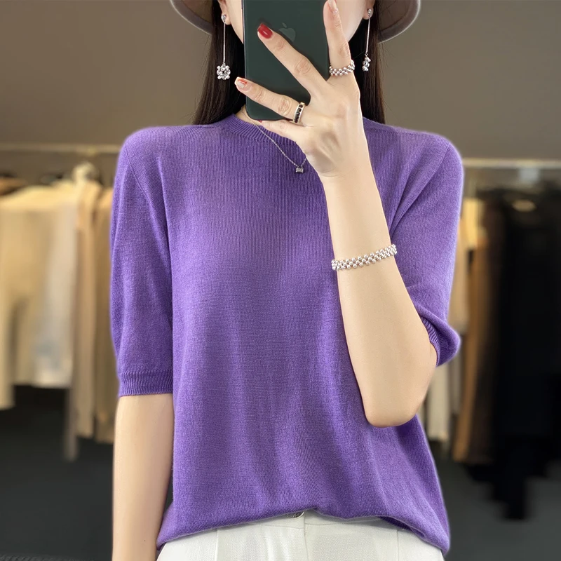 Summer O-Neck Cashmere Sweater Solid Color Half Sleeve women\'s Loose Cashmere Short Sleeve Top