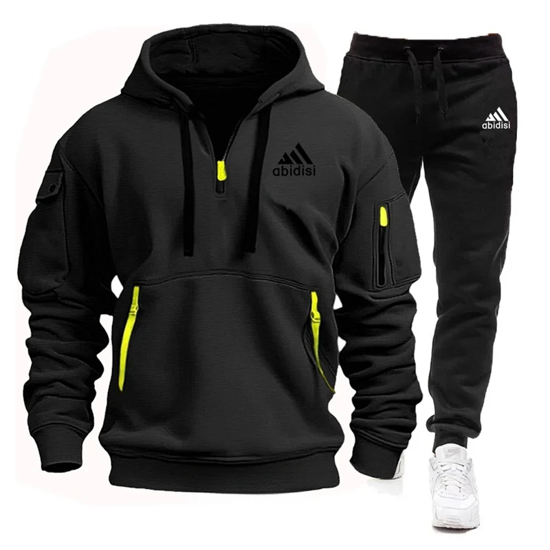 2025 Men's Tracksuit Casual Jogging Suit Outdoor Set Hoodies + Black Sweatpant 2pcs Fashion Warm Contrasting Colors Sportswear