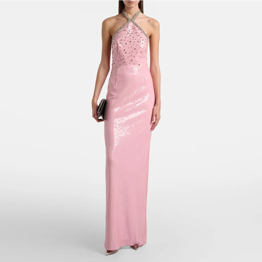 فستان سهرة نسائي حديث مزين بالترتر الوردي حورية البحر بطول الأرض فستان رسمي للحفلات مطرز بالخرز فستان سعودي بدون أكمام للحفلات الراقصة #1