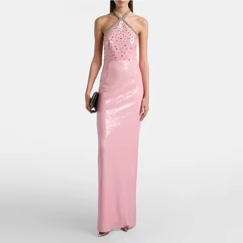 Modern Pink Sequin Women's Evening Gown Mermaid Floor Length Formal Party Dress Halter Beading Saudi Dress Sleeveless Prom Dress