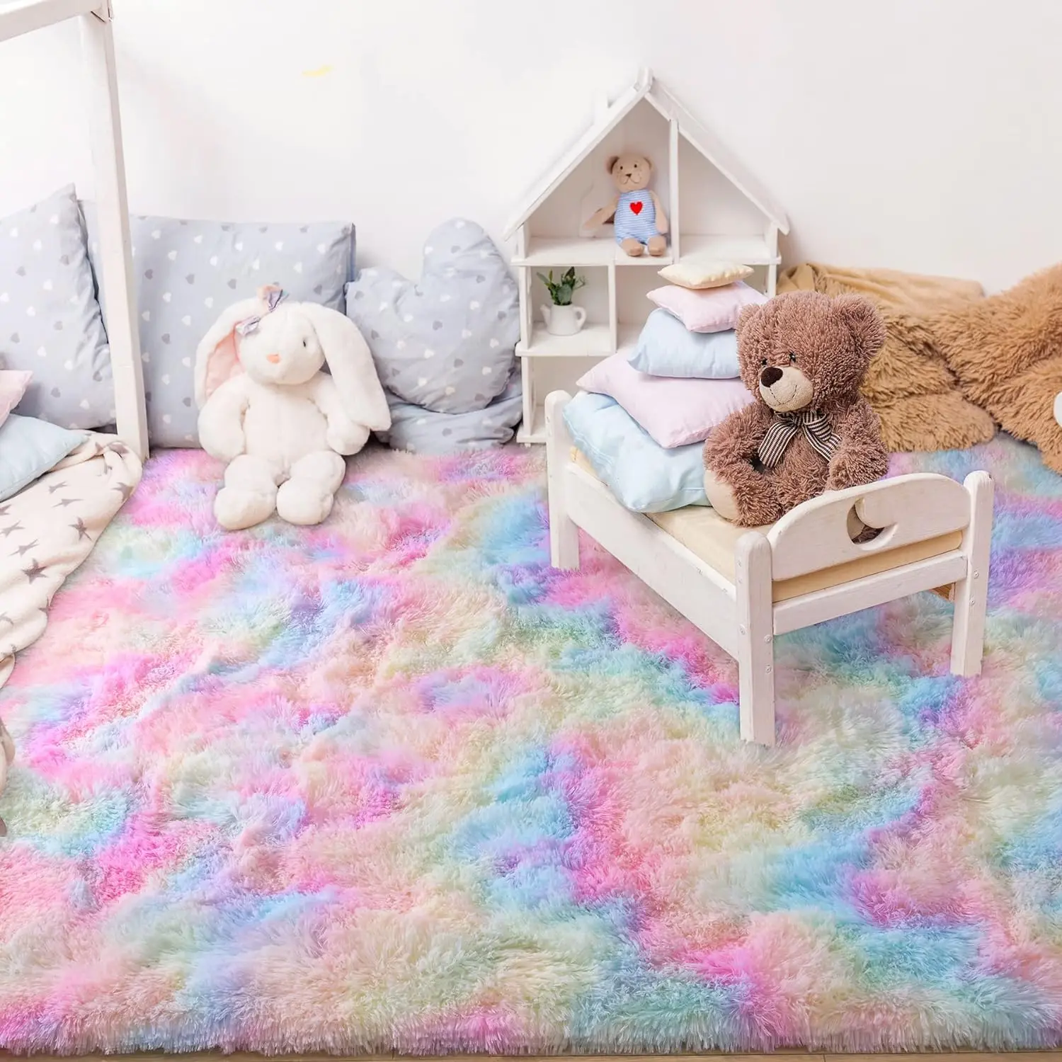 Soft Fluffy Rainbow Rugs for Girls Bedroom Shaggy Kids Playroom Home Decor Mat Colorful Plush Nursery Cute Fuzzy Carpet