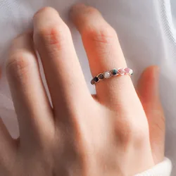 Tourmaline Beaded Rings Women Retro Silver Metal Wire Winding Weaved Jewelry Fashion Moonstone Natural Stone Girl Gift