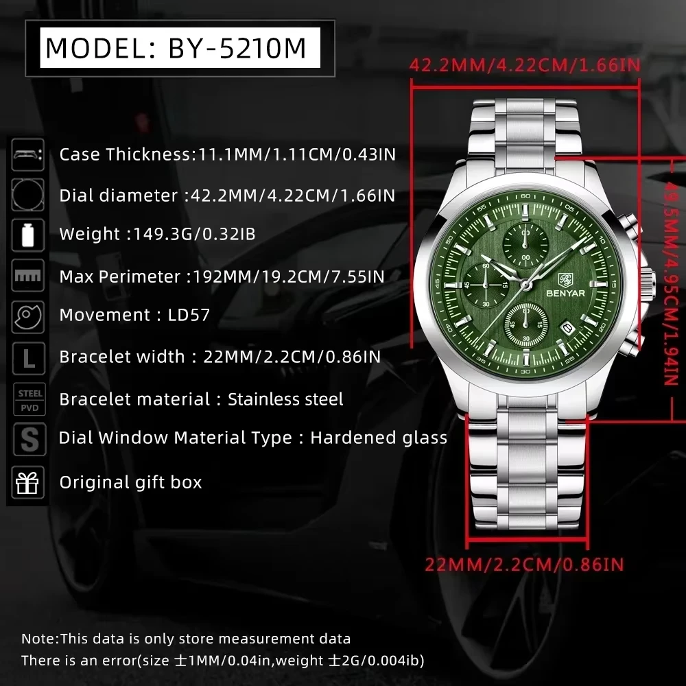 BENYAR 2025 جديد أزياء الرجال 42 مللي متر الهاتفي ساعة كوارتز الفولاذ المقاوم للصدأ توقيت رمز التقويم ضوء الليل 5bar مقاوم للماء reloj hombre