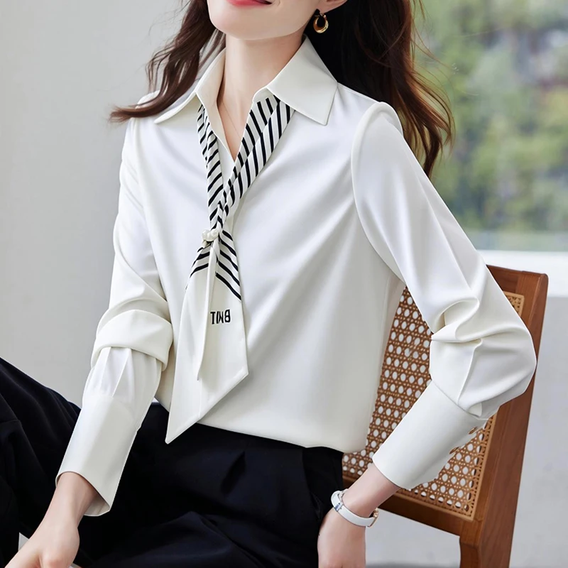 

Women's Chiffon Blouse Long Sleeve Bow Tie Neck Shirts Casual Office Work Blouse Tops Work Casual Solid Tunic Tops White Shirts