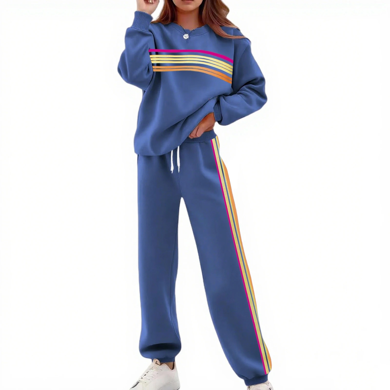 Quality Women's 2 Pieces Outfits Long Sleeve Crew Neck Striped Print Loose Fitted Sweatshirt and Pants Sweatsuit