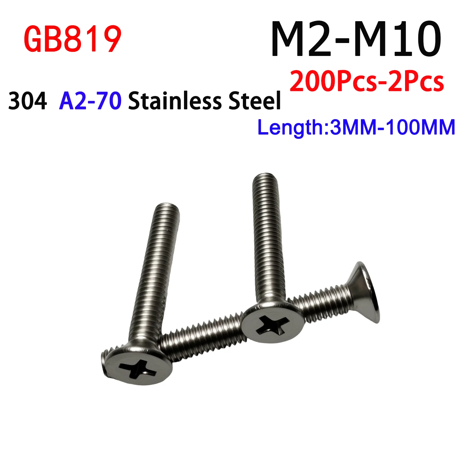 

2-200Pcs M2 M2.5 M3 M4 M5 M6 M8 M10 Cross Phillips Flat Countersunk Head Screw Bolt 304 A2-70 Stainless Steel GB819