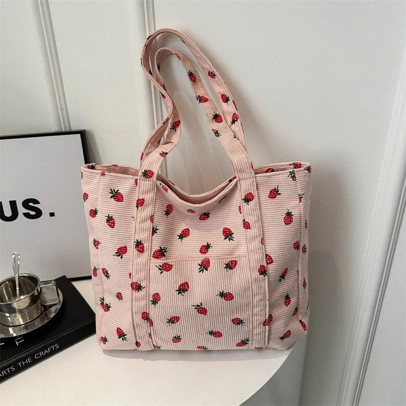 Bolso de pana, bolso de playa con fresas, bolso de hombro versátil a la moda, bolso de mano sencillo para ir al trabajo de gran capacidad, Bolsos