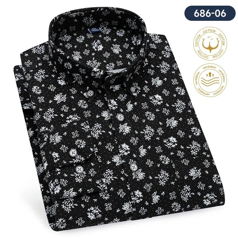 Men’s 100% Cotton Oxford Long Sleeve Shirts Floral Print Breathable Office Dress Shirt Casual Fashion Standard Workwear Shirts